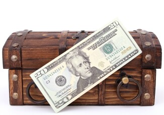 treasure chest with 20 dollar bill in front