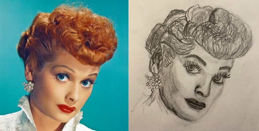 Colorized glamor photo of Lucille Ball compared to pencil portrait