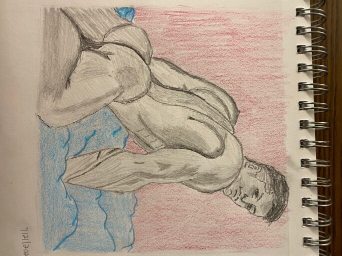 Man crawling along a bed of clouds - pencil and colored pencil