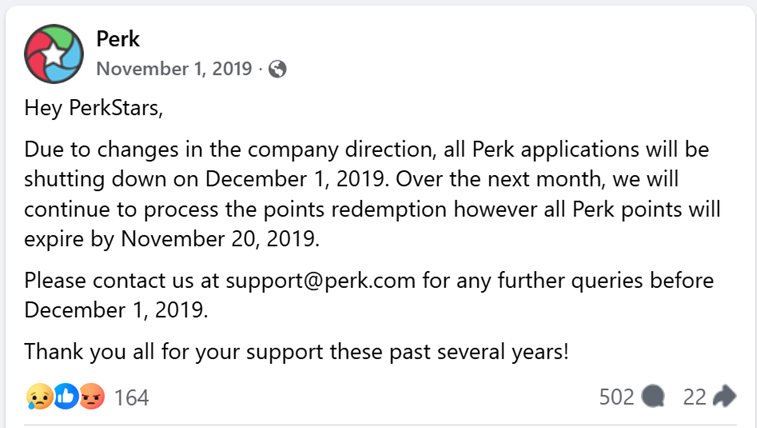 PerkTV shutdown notice from Facebook. Apps closed Dec 1, 2019. Points expired Nov 20, 2019.