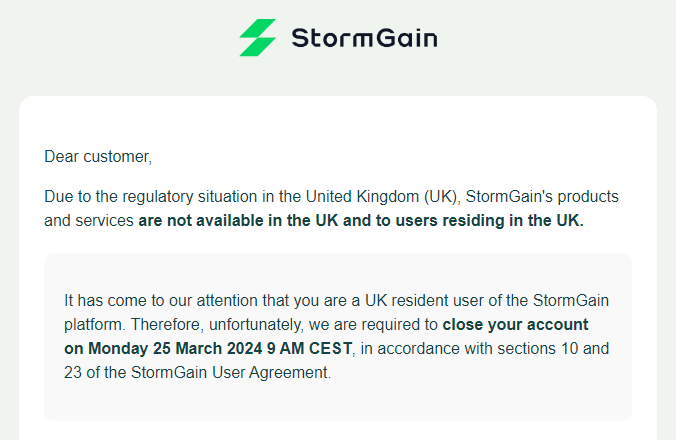 StormGain not available in the UK