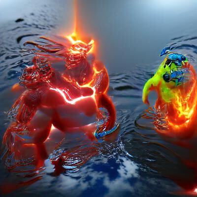 Fire God vs water demon fighting in heaven during apocalypse glowing neon hyperrealism 8k resolution VRay
