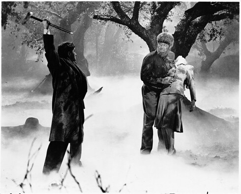 Claude Rains and Lon Chaney Jr. sharing the screen in The Wolf Man.