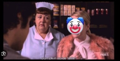 Clown sitting in a coffee shop counter, holding coffee while payment with a crypto card fails due to missing TRX balance.