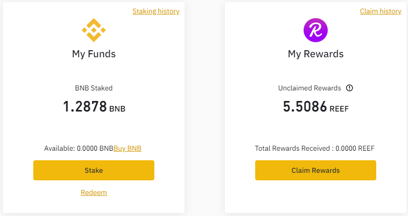 My BNB/REEF Launchpool Earnings as of 18:05