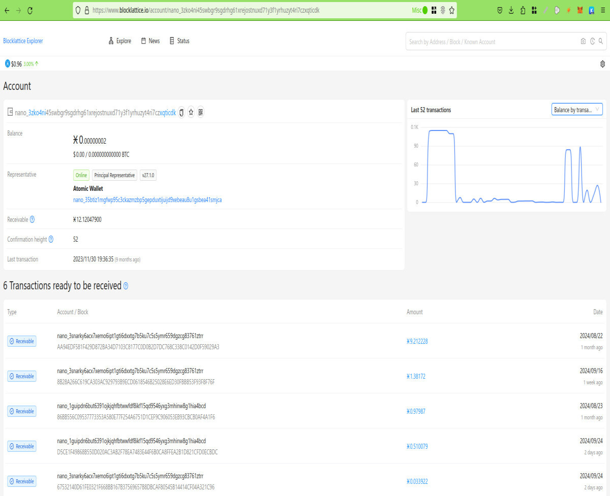 Using a block explorer to look up my Nano Address for Atomic Wallet
