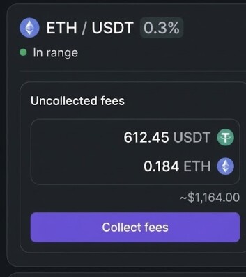 Uniswap V3 dashboard showing over $1,100 in uncollected trading fees earned from ETH/USDT yield farming position