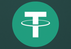 A digital graphic of the Tether (USDT) logo displayed on a dark green background, featuring a bold white