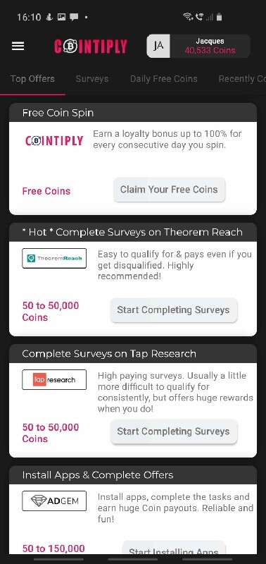 Cointiply home screen