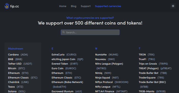 tip.cc supported coins