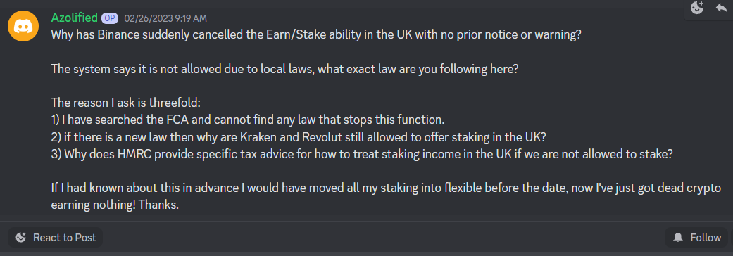 Earn message on Binance's Discord