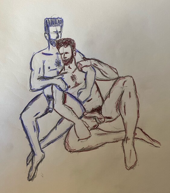 Ahmad leaning on Joe - 40 minute timed drawing, pencil with colored pencil shading and outlining