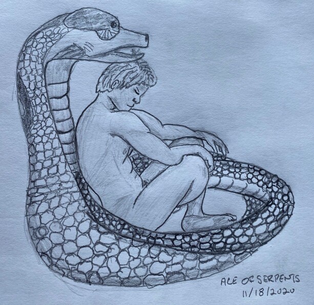 man resting in serpent's coils - drawing in pencil