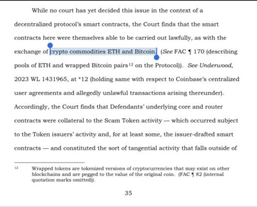 The court's ruling in favour of uniswap and classifies bitcoin and Ethereum as commodities