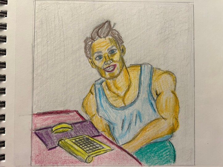 Man sitting at desk, wearing tank top - colored pencil