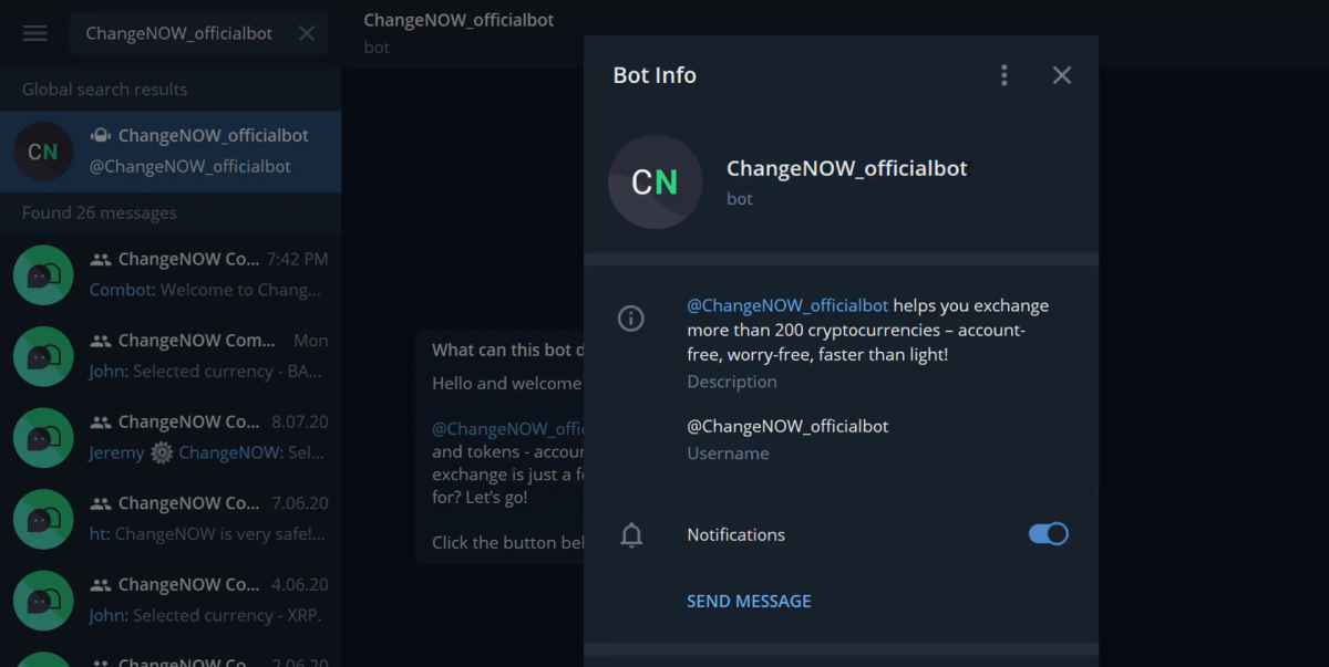 Exchange Crypto Through ChangeNOW Telegram BOT