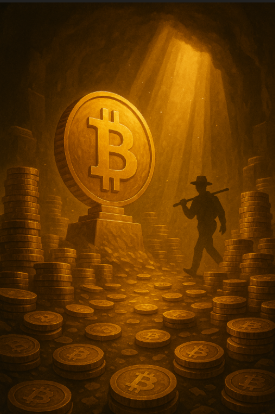 Bitcoin mining gold rush illustration showing a glowing BTC coin in a digital cave surrounded by gold stacks, symbolizing the rise in Bitcoin price and mining frenzy.