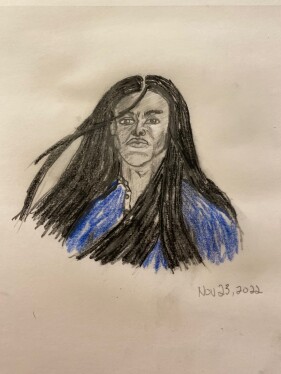 Long haired man in denim shirt - charcoal, graphite pencil, colored pencil