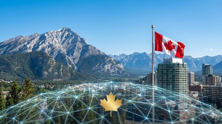 A realistic Canadian landscape featuring a modern city, mountains, the national flag, and a glowing digital network overlay, illustrating the ultimate G7 destination for founders asking do I need a license for a crypto startup in 2026.