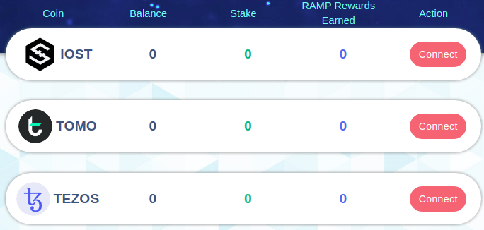 Ramp IOST TOMO TEZOS staking