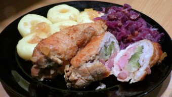 Pork loin rolls with red cabbage and Silesian dumplings