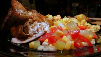 Juicy chicken from a bottle with baked potatoes and salad