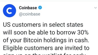 Coinbase will start issuing loans in Fiat secured by bitcoins