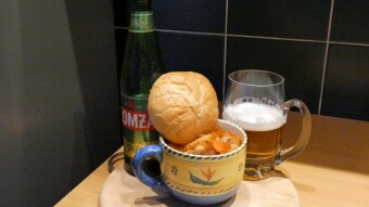 Sweet beer Łomża Pils on Żatecki hops with spicy goulash soup