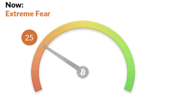 Bitcoin Fear and Greed Index value 50% of that two days ago, at 25. Bitcoin down 4.9% on the week.