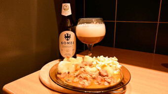 Fortuna Brewery and "Komes Potrójny Złoty" beer and pork goulash with mushrooms
