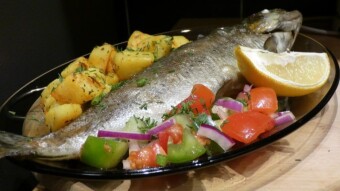 Rainbow trout with roasted potatoes and vegetable salad