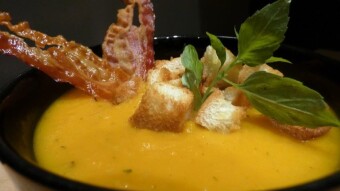 Pumpkin 🎃 cream soup with croutons and bacon chips 😋