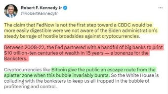 Robert F. Kennedy puts the CBDCs Vs. Cryptocurrencies debate in the American political arena. Let's hope that the general public understands the urgency to act to protect themselves.