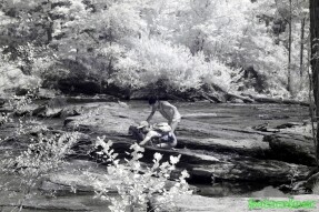 Ultraviolet and Infrared Photography -  Two people and a dog crossing the creek