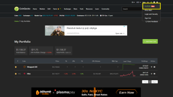 CoinGecko – New portfolio feature used to track my LEO assets pairing them as wLEO