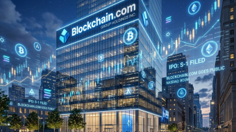 Prompt: A futuristic 3D digital art piece showing the "Blockchain.com" logo on a large glass building in Wall Street, New York. Financial charts and glowing blue cryptocurrency symbols (Bitcoin, Ethereum) floating in the air. Professional, sleek, and high