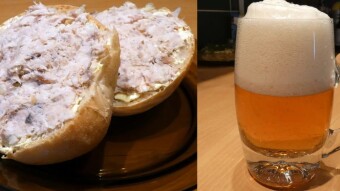 Fish paste made of smoked mackerel, mayonnaise and onions, appetizer with beer