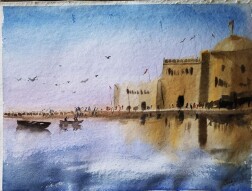 Watercolour painting of a castle.
