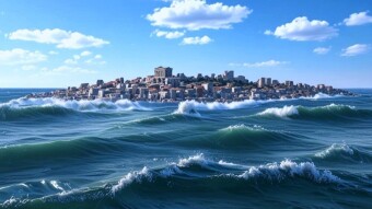 Illustration: city emerging from the sea