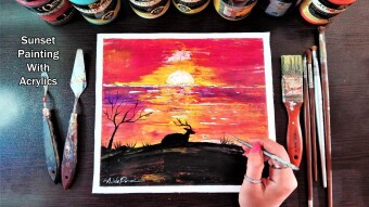 Acrylic Painting on canvas , Deer resting in The Sunset