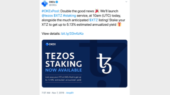 After Coinbase made it possible to stake Tezos on their exchange, OKEx will do the same today.