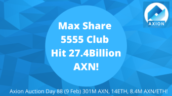Axion Auction Day 88 (9 Feb) 301M AXN, 14ETH, 8.4M AXN/ETH! Max Share 5555 Club Hit 27 Billion AXN!