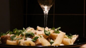 Fresh porcini mushrooms in a cream sauce stewed in white wine with onion and Pene noodles