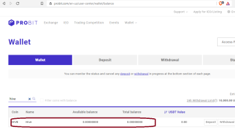 No trace of those HIVE tokens transferred to Probit Exchange