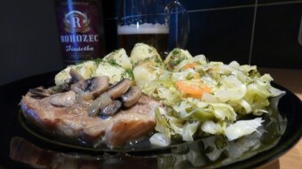 Czech beer "Rohozec Trinactka" and home-made dinner, i.e. pork neck, young cabbage and young potatoes