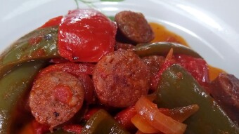 Foodbook #462 Greek sausage and peppers- Spetsofai