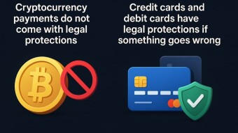 Cryptocurrency payments do not come with legal protections. Credit cards and debit cards have legal protections if something goes wrong.