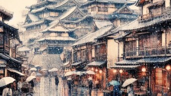 Illustration medieval Japan old city on rainy day