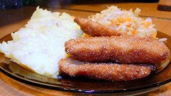 Atlantic hake in breadcrumbs with sauerkraut salad.