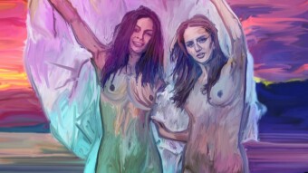 two naked girls in a sunset on the beach - NFT